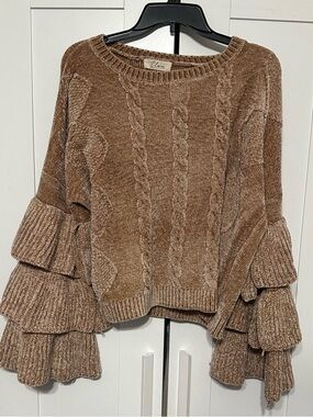 Elan Brown Cable-Knit Ruffle-Sleeve Sweater